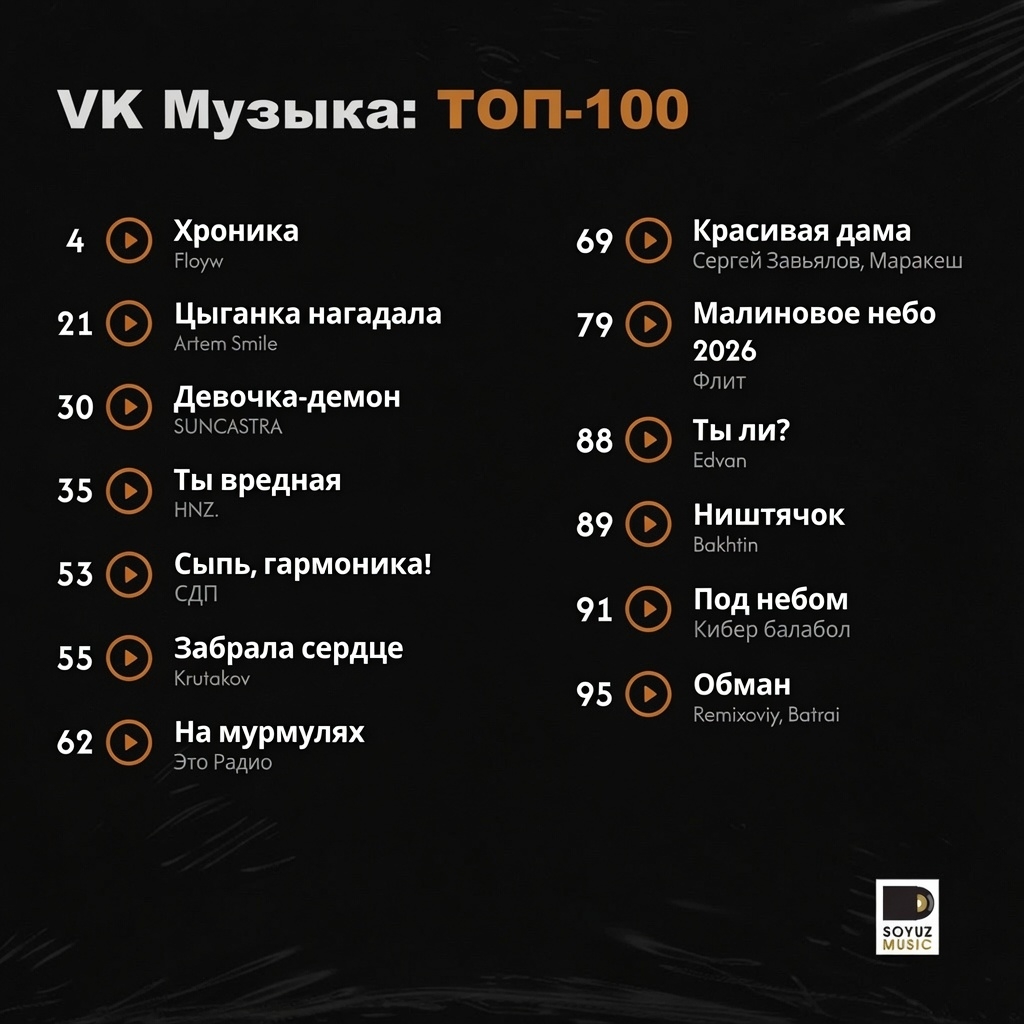 13 треков Союз Мьюзик в ТОП-100 VK Музыки!